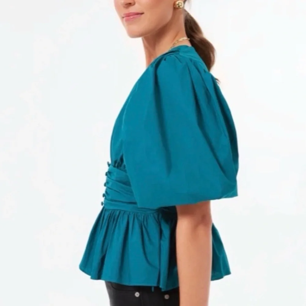 NWT Tuckernuck Hyacinth House Teal Puff Sleeve Top Size S